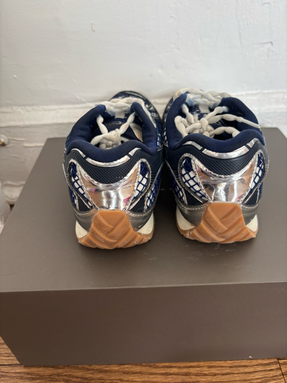 Bottega Veneta Navy White Silver Mesh Runner Sneakers - Picture 2 of 3